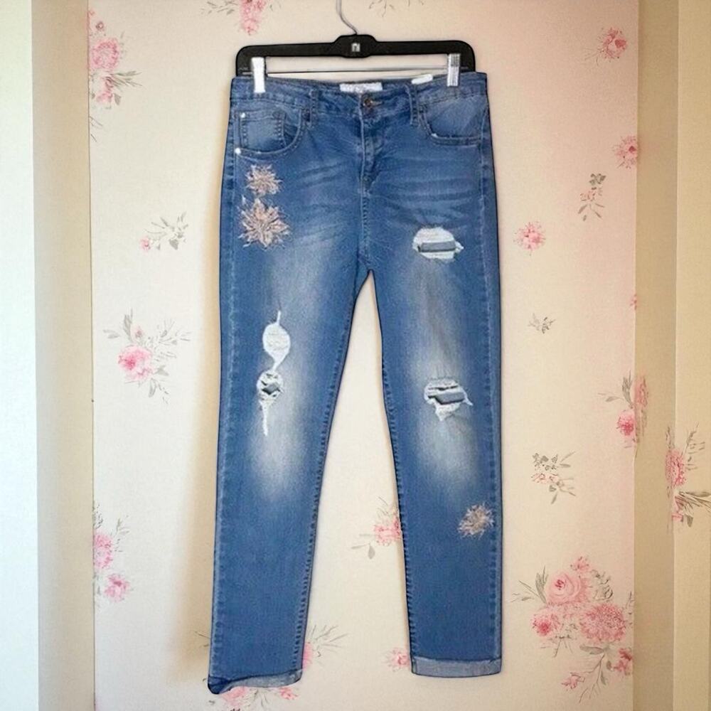 Libby Edelman Women's 4 Light Wash Embroidered Distressed Mid Rise Crop Jeggings